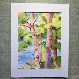 Serene Forest Watercolor Landscape Wall Art Painting with White Matting
